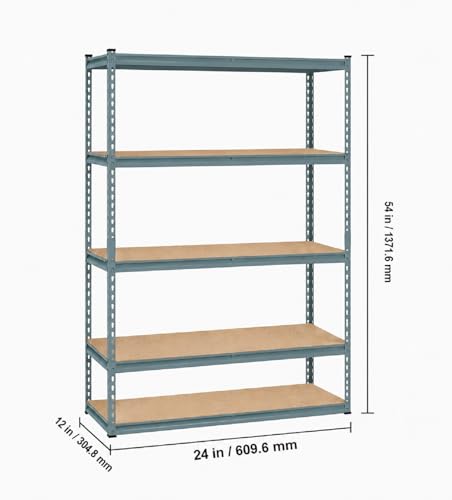 Image of Adjustable 5-Shelf Metal Storage Rack | Heavy-Duty Steel Boltless Rivet Utility Shelving Unit for Garage, Kitchen & Office | 54 Inches Height (54 x 24 x 12 in) - Grey