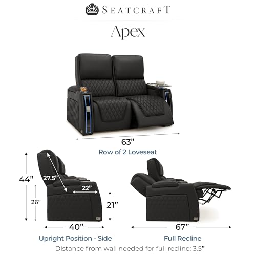 Image of Seatcraft Apex Black Italian Leather Home Theater Seating, Zero Gravity Power Recliner Chair, Powered Headrest and Lumbar Gaming and Lounge Sofa Furniture for Cinema Room, Row of 2 Loveseats
