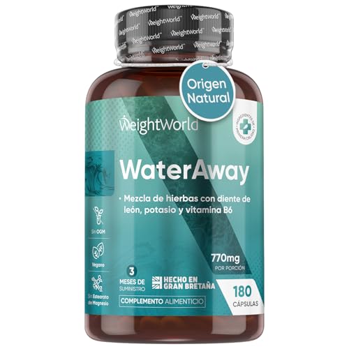 Diurético Natural Detox Water Away 180 Cápsulas, 11 Ingredientes - Diente de León, Té Verde, Vinagre Sidra de Manzana, Potasio, Vitamina B6 - Drenante para Eliminar y Retención de Líquidos