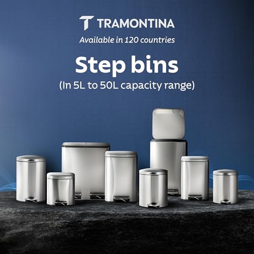 Image of TRAMONTINA 8 Litre Stainless Steel Step Dustbin | Fingerprint-Resistant Finish | Soft-Close Lid | Removable Inner Bucket | Square Trash Can for Home, Office & Hospitality