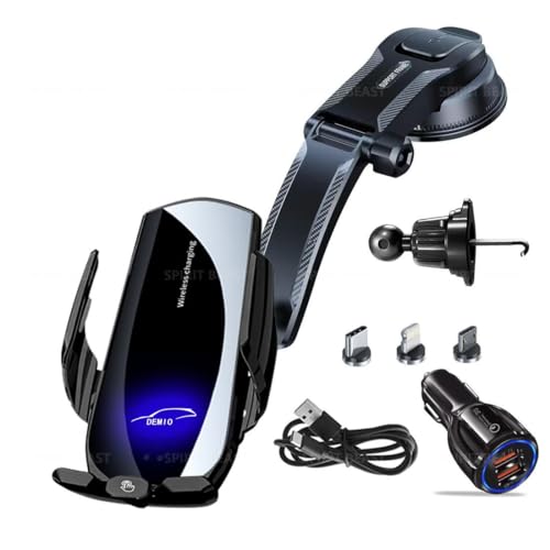 車載スマホホルダー デミオ マツダ 車載ワイヤレス充電器 ナノ吸盤 スマートリコグニション 機種を問わず スーパーファストチャージ 自動開閉 秒速センシング 360度回転 (デミオ,ブラック)