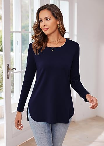 Image of Herou Women's Casual Long /Short Sleeve T Shirt Crewneck with Side Split Fall Pullover Loose Tunic Sweater Tops