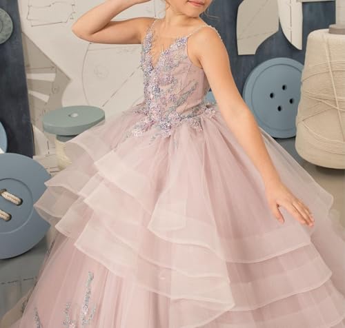 Flower Girl Dress with V-Neck Lace Appliques Princess Pageant Dress in Tulle Tiered Style for Girls' First Communion4