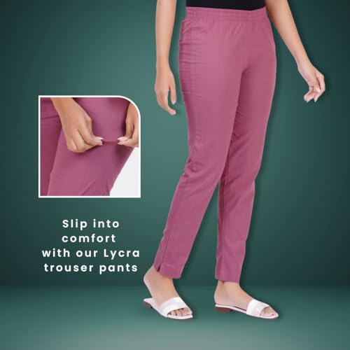 Image of Happy Bunny Cotton Blend Lycra Kurti Pants for Women, Soft 30% Stretch Full Length Trousers with Elastic Waist & Zip Pocket, Ideal for Office, Work, Casual, Home Wear Breathable Slim Fit