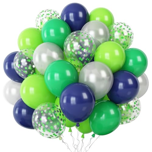 Balloons Green and Blue, 60 Pcs Navy Blue Matte Light Green Silver Latex Party Balloons with Green Silver Confetti Balloons for Birthday Party Decoration Football Video Game Jungle Safari Themed Party