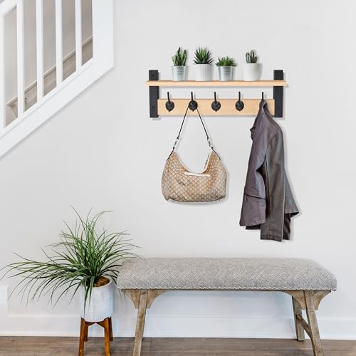 Sorbus Coat Hooks Wall Mount with Shelf – 24 Inch Coat Rack Wall Mount with 5 Heavy Duty Hooks – Floating Wall Shelf with Hooks for Entryway, Bathroom, Bedroom, Kitchen, or Mudroom (Maple Wood) by Sorbus - Used condition - Image 2