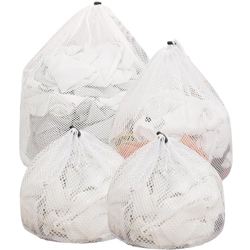 Scettar 4 Piezas Bolsa Lavadora, Red Lavadora Ropa Interior Bolsa Malla Lavanderia, Bolsa Calcetines Lavadora Reutilizable Con Cordón Red De Lavandería para Hogar Lencería Camisas (Blanco)