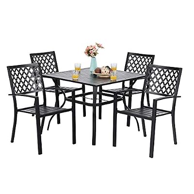 PHI VILLA Patio Dining Set Outdoor Table and Chairs Furniture Set 7 Piece, Large 60.2" Rectangle Bistro Table with Umbrella Hole and 4 Backyard Garden Chairs Support 300LBS for Deck, Lawn, Garden