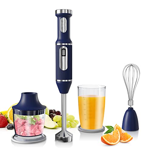 Fityou 4-in-1 Immersion Hand Blender, Powerful 200W Rechargeable Handheld Stick Blender with Stainless Steel Blades, with Chopper, Beaker, Whisk for Smoothie, Baby Food, Sauces Red,Puree, Soup (Blue)