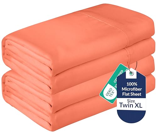 Image of Royale Linens 2 Pack Bulk Flat Sheet Set - Top Sheets -Soft 1800 Microfiber - Wrinkle & Stain Resistant - for Hotel, Massage Table, Hospital, Dorm - Twin XL Flat Sheet Sold Separately (Twin Xl, Coral)