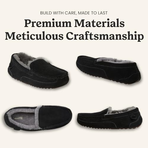 Image of Fireside By Dearfoams Men's Melbourne Genuine Shearling Moccasin Slippers, Memory Foam Sudede Loafers Slip-in House Shoes