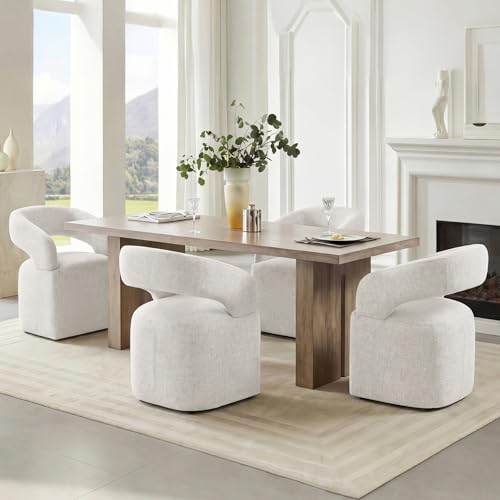Image of KISLOT Upholstered Dining Chairs Set of 4, Modern Arm Kitchen & Dining Room Chairs with Hidden Casters, Linen Fabric Padded Rolling Chairs, Sturdy Wood Frame, 300 lbs Capacity, Beige