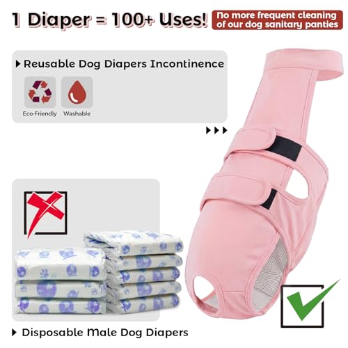 Image of QBLEEV Dog Diapers with Suspenders, Female Escape-Proof Full Body Dog Period Diapers Overalls, Reusable Washable Sanitary Panties for Heat Cycle & Incontinence, Doggie Underwear Onesie with Tail Hole