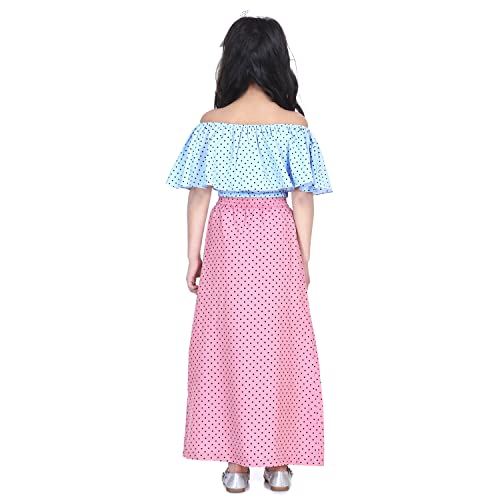 Image of LILPICKS Girls' Poly Crepe Polka Print Off Shoulder Top and Full Skirt Set (Vintage Blue and Dusky Pink)