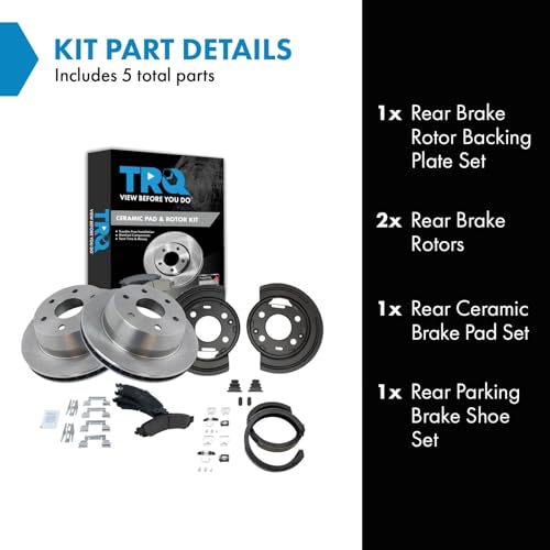 Image of TRQ Rear Brake Pad and Rotor Set Ceramic Vented Rotors Parking Shoes Backing Plates Compatible with 2002-2006 Chevrolet Silverado 1500 GMC Sierra 1500 2003 Cadillac Escalade EXT