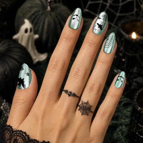Halloween Cat Eye Press on Nails Short Almond, Spider Ghost, 32 Pcs - image 1