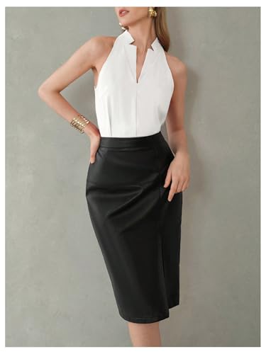 SweatyRocks Women's Sleeveless Notch V Neck Work Business Elegant Blouse Summer Shirts4