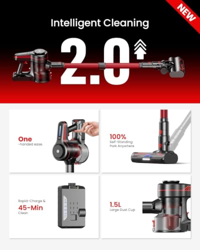 Image of CHEBIO Lightweight Cordless Vacuum Cleaners for Home, Stick Vacuum Cordless Rechargeable with 45kPa Suction,45-Min Run,Anti-Tangle and Self-Stand, 6 in 1 Hardwood Vacuum Cleaner (red)