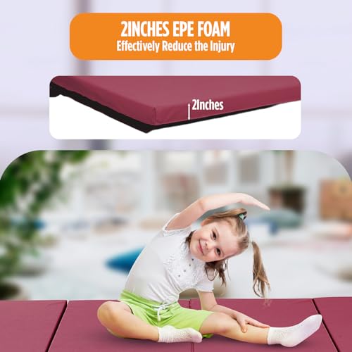 Gymnastics Mats Foldable Tumbling Mats Portable Gymnastics Exercise Mat Thick Gymnastics Tumbling Mats Pad Home Exercise Panel Mat With Carrying Handles(4 Folding 4ft W 8ft L,Burgundy) by FDW - Image 4