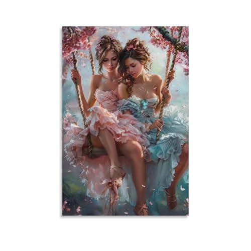 Lesbian-themed Wall Art, Cherry Blossom Embrace, Romantic Cottage Wall Decor,