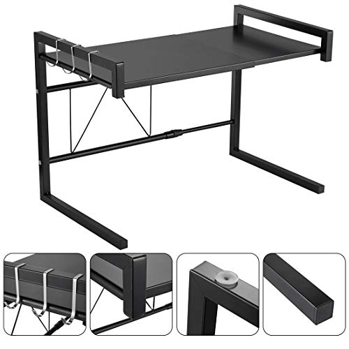 i BKGOO Expandable Metal Black Microwave Oven Rack Shelf Kitchen Supplies Tableware Storage Carbon Stainless Steel Counter Rice Cooker Stand Contains 2 Tiers with 3 Hook