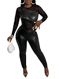 MakeMeChic Women's Faux PU Leather Long Sleeve Mesh Sheer Cut Out Zipper Back Unitard Jumpsuit Black Small