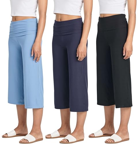 Real Essentials 3 Pack: Women's Ribbed Foldover Wide Leg Loose Capri Open Bottom Yoga Lounge Pants (Available in Plus)