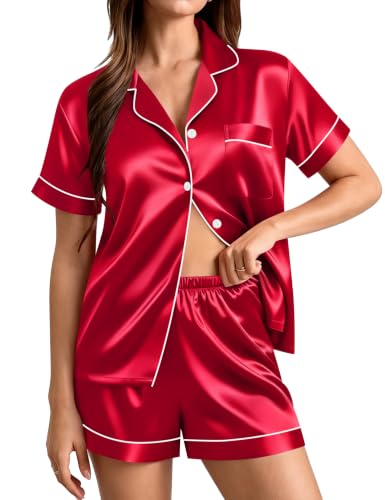 Image of SWOMOG Womens Pyjamas Set Silk Satin Pyajams Two-Piece Pj Sets Short Sleepwear and Loungewear Set Button Down Pj Sets Red