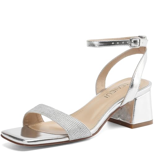 Image of TEAIEUI Block Heels for Women, Square Open Toe Heeled Sandals, Chunky Ankle Strap Shoes for Dress, Party, Prom, Low Heel 2 inch