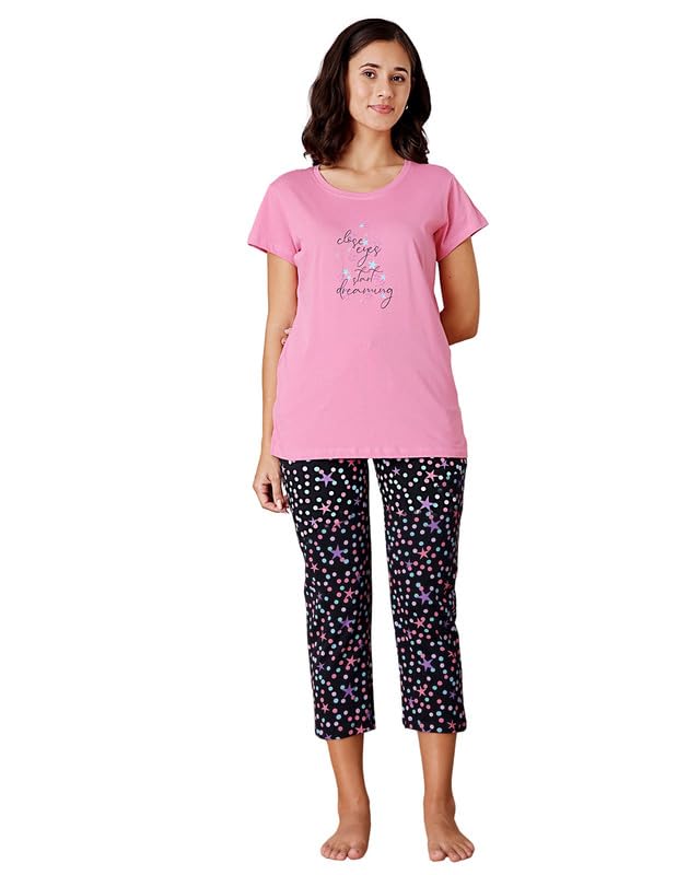 bodycare Women's Cotton Printed T-Shirt and Capri Set | Soft & Breathable Nightwear | Short Sleeves | Loungewear Co-Ord Set BSCS16047-picture-55
