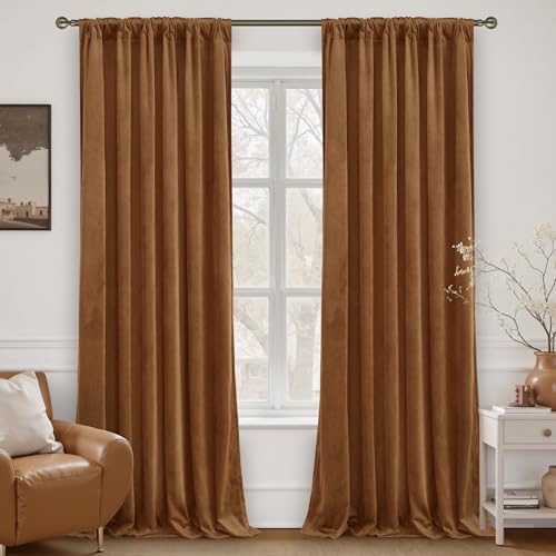 LAMIT 90 Inches Velvet Panels for Living Room, Bronze Brown Thermal Blackout Curtains Room Darkening Back Tab and Rod Pocket Panels for Mid Century Decor Bedroom, 2 Panels, 52 x 90 Inch