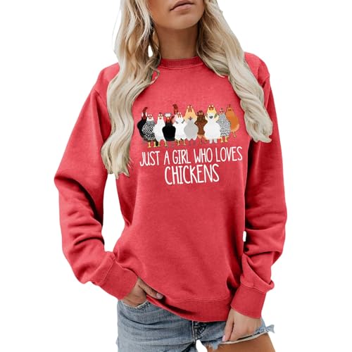 Generisch Sudadera para mujer para amantes de los pollos con texto en alemán 'Just a Girl Who Loves Chickens Print' | Bonita parte superior Farmcore para campesina y tiempo libre, Estilo Z08 Rojo, S