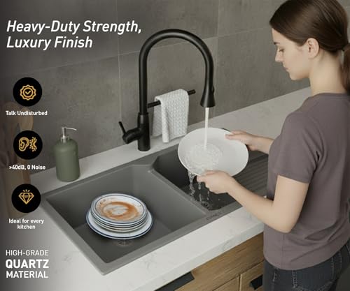Image of EVANEX Quartz Sink for Kitchen|45x20x9 inch Double Bowl Kitchen Sink with Drain Board|Matt Finish|Grey Quartz Kitchen Sink with Sink Connector, Waste Pipe, Coupling and Drain Basket