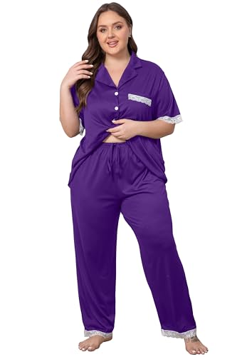 Image of Vozanet Women Short Sleeve Long Pants Pajama Sets Lace Trim Button Down Sleepwear Plus Size Knit Loungewear Sexy Nighty