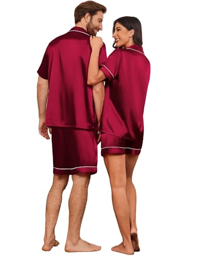 Image of Ekouaer Couple Matching Pajamas Sets Silk Short Sleeve Button Down Sleepwear Satin Pjs Shorts Set Soft Loungewear S-XXL