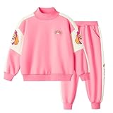 [sunkids] トレーナー キッズ 上下セット 長袖 綿 スウェット クルーネック 女の子 ワンポイント パーカーキッズ 運動服 アウトウエア 秋冬春 (100, 上下セット-ピンク)