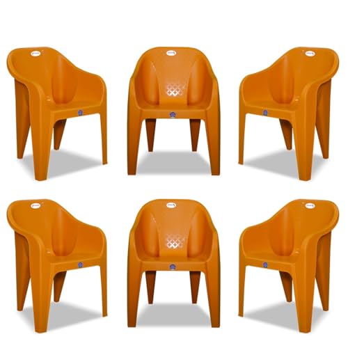 Image of Plastic Arm Chair for Home, Garden, Office, Living Room, Cafeteria Plastic Outdoor Chair | 1 Year Warranty | Color - Orange | Set of 6