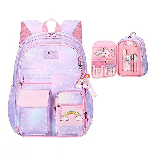 Heart Star Print Purple Girls Backpack for Elementary School Kids Bookbag with Chest Buckle Rainbow Backpack with Multi-Pockets