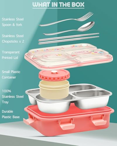 Image of Brand Conquer Lunch Box 3 Compartment Leak-Proof BPA Free Stainless Steel for School, Lunch Box for School & Office with a Fork, a Spoon and a Pair of Chopsticks (Classic Pink, Happiness Kawaii)