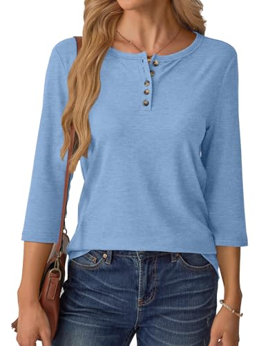 3/4 Length Sleeve Womens Tops Fall Clothes Button Casual Spring Summer Lightweight Loose Fit Basic Tunic Shirts2
