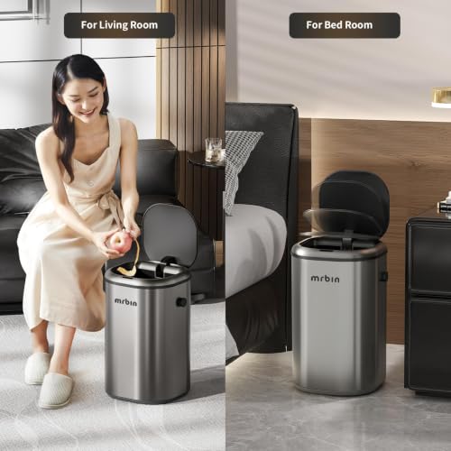 Image of MRBIN Stainless Steel Motion Sensor Tall Bathroom Trash Can with Lid, 5 Gallon Automatic Kitchen Garbage Pail, Electric Covered Silver Metal Waste Basket for Bedroom, Rv, Restroom, Eclipse Grey