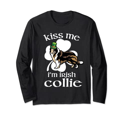 Kiss Me I'm Collie Dog Shamrock St Patricks Day Manga Larga