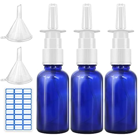 Cupohus Nasal Spray Bottle, 3 Pcs 30ML/1oz Cobalt Blue Glass Refillable Fine Mist Sprayers Atomizers, Travel Sized, Empty Nasal Sprayer with Funnels and Labels Cover