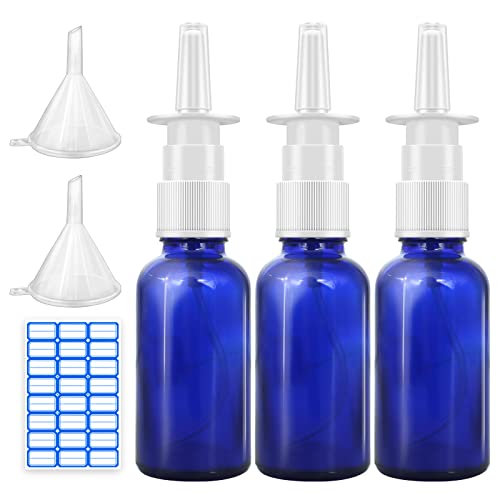 Cupohus Nasal Spray Bottle 3 Pcs 30ML/1oz Cobalt Blue Glass Refillable Fine Mist Sprayers Atomizers Travel Sized Empty Nasal Sprayer with Funnels and Labels