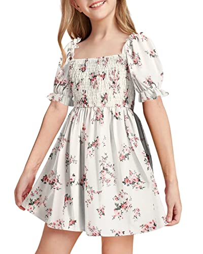 Girls Floral Ruffle Mini Dress Square Neck Short Lantern Sleeve Flower Smocked Dress Boho Summer…