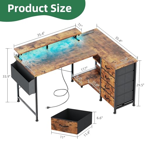 Image of VERMESS 47 inch Reversible L Shaped Gaming Computer Desk, Corner Desk with Power Outlets & Monitor Stand, Writing Study Table with 4 Storage Drawers, Desk with LED Lights, Rustic Brown