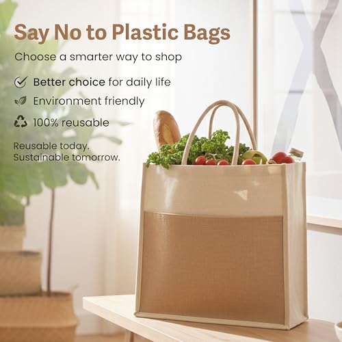 Image of Match Made Eco Friendly Jute Jhola Bag For Kitchen Essential Grocery Shopping, Carry Milk, Fruits, Vegetable With Reinforced Handles & Zipper