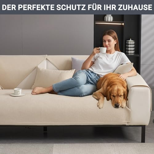 CJJZFO Sofa Überzug Weiche Chenille Sofabezug: Hund Katze Sofaschoner Anti Rutsch Vintage Couch Überzug für U Form L Form Sektionssofa für 1 2 3 4 Sitzer Sofa (Beige, 90 * 160cm)