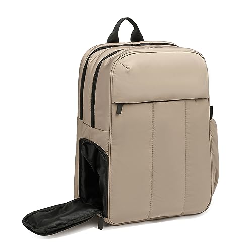 Quilted Puffer Backpack Puffy Daypack with Shoe Compartment for Women Ladies Travel Casual Water Resistant (Khaki)
