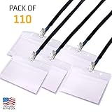 110 Plastic Name Tag Holders With Lanyard & Paper Insert | Heavy Duty ID Card & Badge Protectors | Waterproof & Resealable Clear Holders For Conferences, Schools, Social Gatherings & More